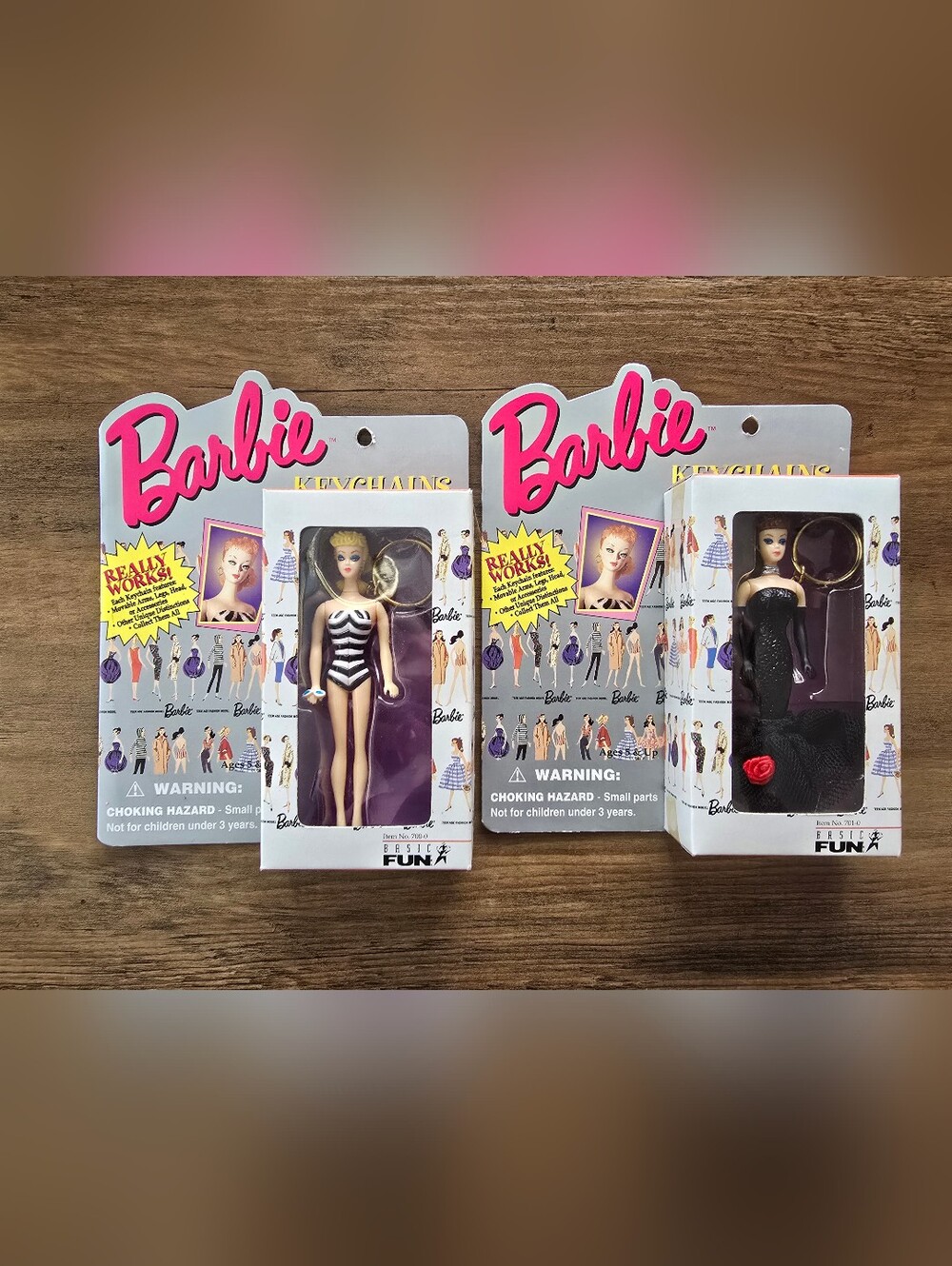 Set of 2 Vintage 1995 Basic Fun Mattel Retro Barbie Keychains NRFB 700-0 + 701-0